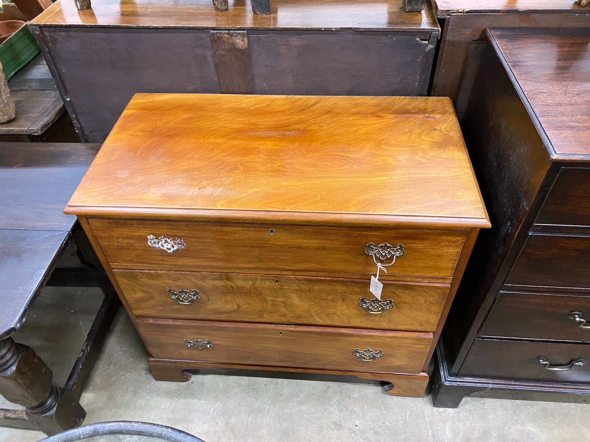 A George III style mahogany three drawer chest, width 92cm, depth 48cm, height 85cm